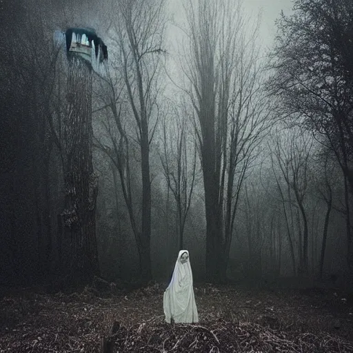 Prompt: dramatic ghost near abandoned islamic church in the woods, dark, gloomy, foggy, scary, by Natalia Drepina