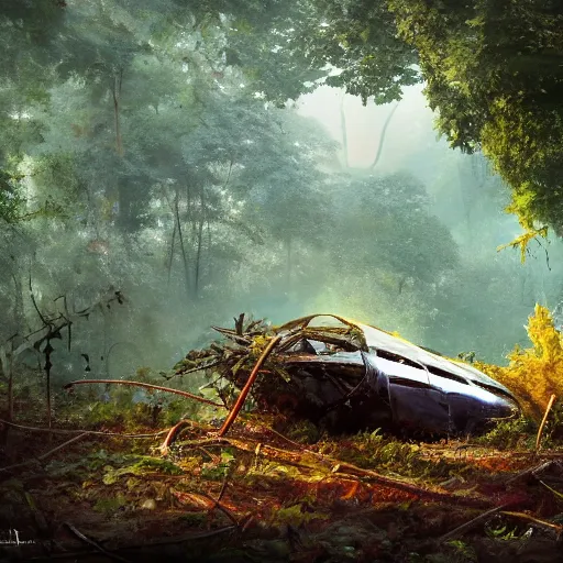 Prompt: a flying vessel wreckage lying down in a thick forest, vines growing on top, 8 k, hyper realism, artstations, concept art, cinematic