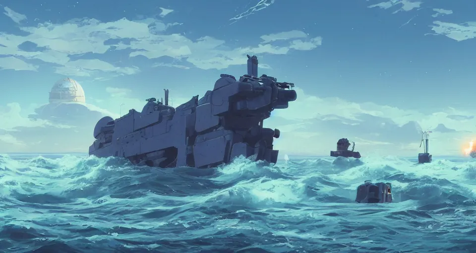 Image similar to A very beautiful serene coast landscape scene with a GIANT MECHA style BATTLESHIP looming in the distance, bright sunny waves splashing on the beach, rendered by simon stålenhag, rendered by Beeple, Makoto Shinkai, syd meade, environment concept, digital art, Gundam style, starwars, unreal engine, 3 point perspective, WLOP, trending on artstation, low level, 4K UHD image, octane render,