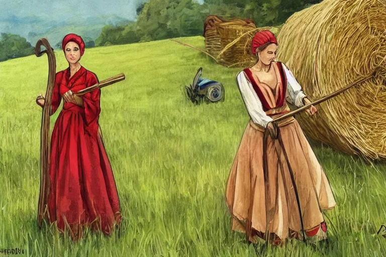 Image similar to concept art romanian woman with scythe, mowing of the hay, drmatic ligthing, traditional romanian clothes, artdtation beautiful