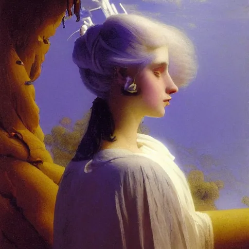 Prompt: a young woman's face, her hair is calcium white and she wears an cobalt blue satin cloak, by ivan aivazovsky and syd mead and moebius and gaston bussiere and roger dean and pieter claesz and paul delaroche and alma tadema and aelbert cuyp and willem claesz, hyperrealistic, volumetric light, octane render