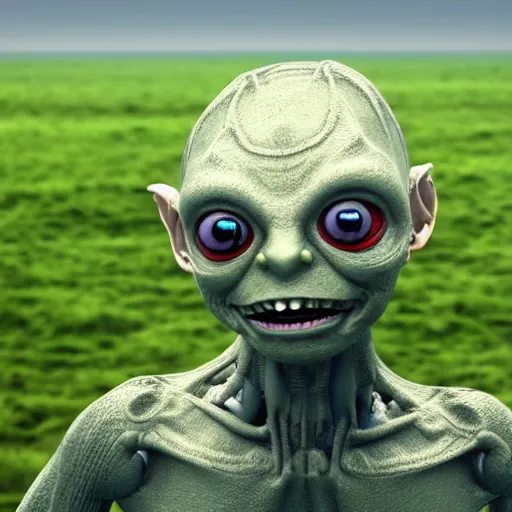 Image similar to a robot that looks like Gollum being tested in a plain field, photorealistic