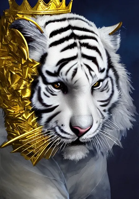 Prompt: furry art, watercolor of a white tiger king with gold crown and blue king suit, concept art, portrait, super detailed, 4 k hd, trending on artstation, deviantart, octane render, cry engine, unreal engine 8 k, cycles x, digital painted, low contrast, made by greg rutkowski and viktoria gavrilenko