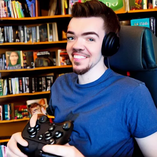 Prompt: jacksepticeye wearing blue jeans playing a video game in a bookstore