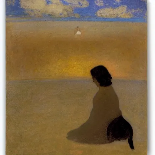 Image similar to a woman and her black and brown chihuahua looking out to sea by odilon redon