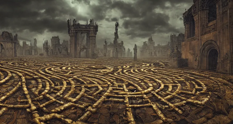 Prompt: circular labyrinth made out of bones, art deco medieval style, grimdark vibes, golden skeleton statue in center of labyrinth, abandoned vibes, gloomy moody clouds, god sun rays, complimentary color scheme, G liulian Art style, dynamic lighting, highly detailed, cinematic landscape, octane render, unreal engine
