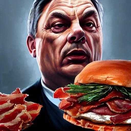 Image similar to viktor orban with detailed eyes, sitting on a large pile of bacon by greg rutkowski