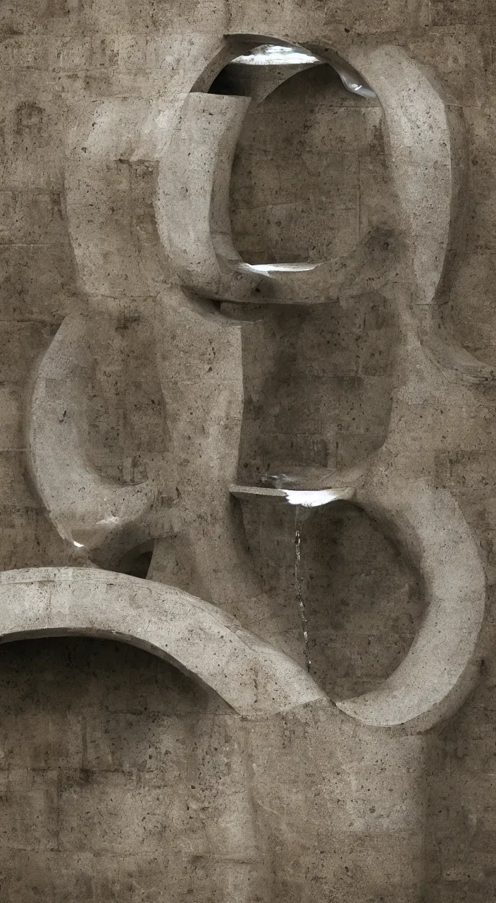 Image similar to a stream of water entering into a machine made from biomorphic amphoras and producing a liquid coin, in the style of a carlo scarpa fountain, architectural photograph, isometric, infrastructure, kidneys, clay texture, 8 k