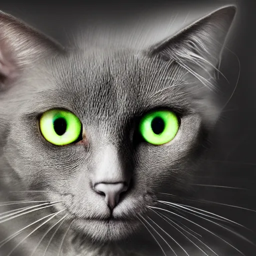 Prompt: portrait of grey cat with big green eyes in the space with nebulae, realistic painting, high definition, digital art, matte painting, very detailed, realistic