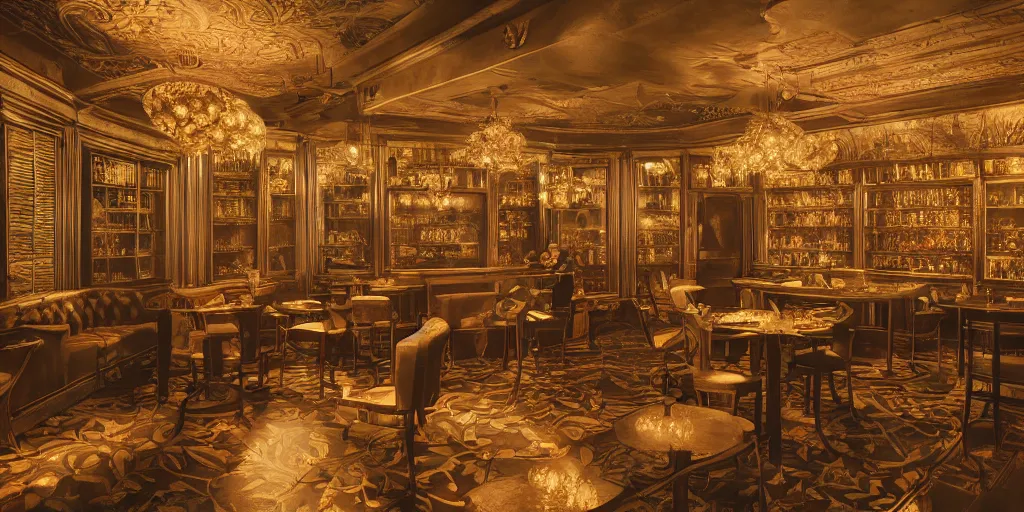 Prompt: prohibition era speakeasy, interior design by william morris, beautiful dramatic lighting, 8 k illustration, golden hour intricate, richly detailed, photorealistic imagery, artstation render inspired by victo ngai