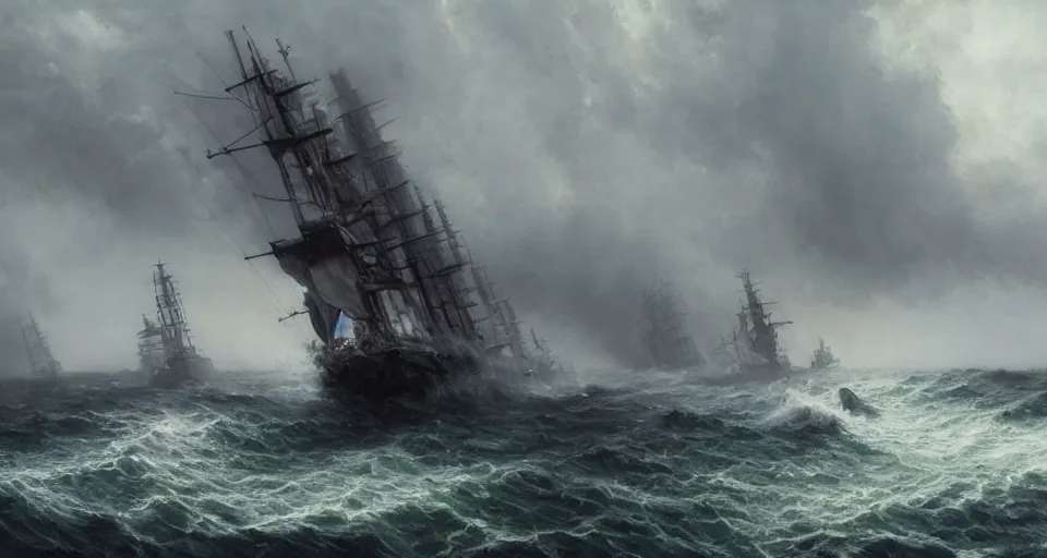 Image similar to enormous sailing battleship, raging sea foggy, dramatic, action scene, stormy background, shipfleet on the horizon, high detail, greg rutkowski, james gurney, gene wolfe, gustave dore, jesper ejsing, rhads, makoto shinkai, ilya kuvshinov