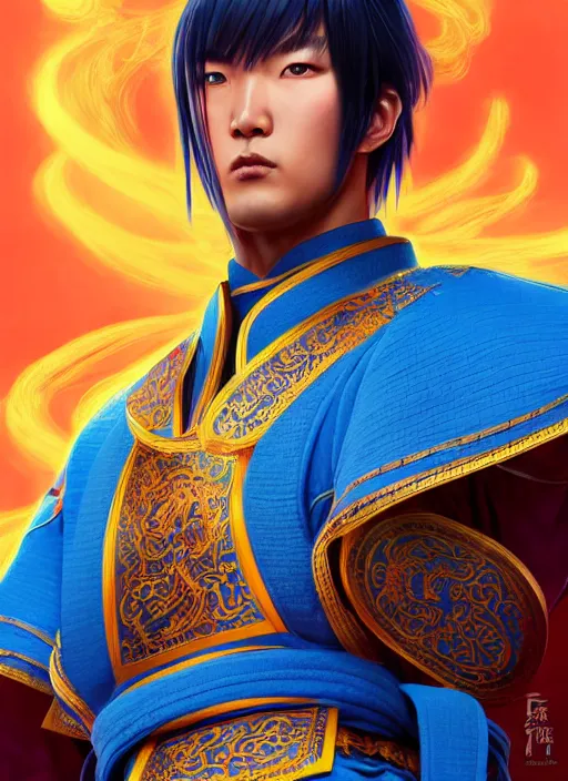 Image similar to male mongolian martial artist!!!! blue eyes!! intricate ornate blue robes!! character concept art, sharp focus, octane render! unreal engine 5! highly rendered!! trending on artstation!! detailed linework!! illustration by artgerm, wlop, and chie yoshii