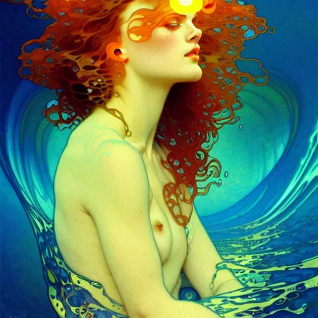 Image similar to mind bending sapphire ocean waves of glossy psychedelic liquid honey drops flowing like kaleidoscopic translucent amber, lsd waves, psychedelic ripples, crystal clear, backlit, sunset, refracted lighting, art by collier, albert aublet, krenz cushart, artem demura, alphonse mucha