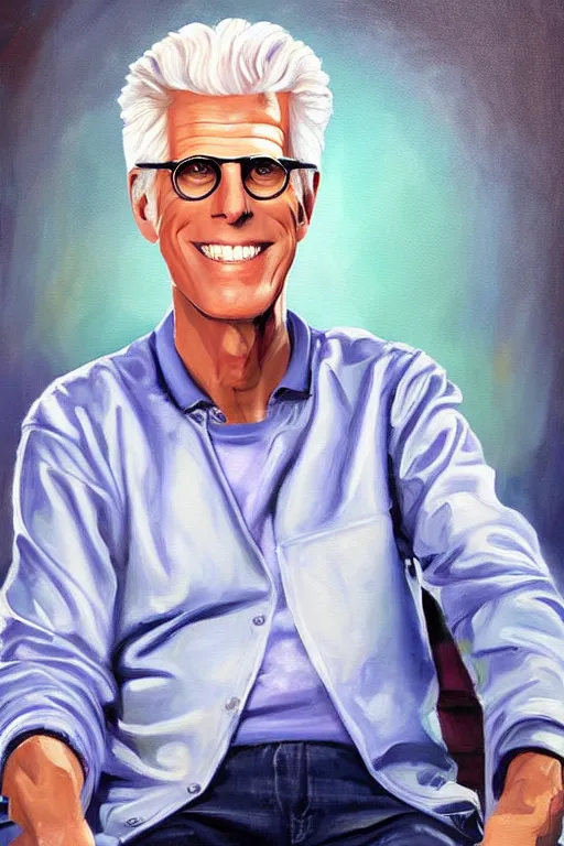 Image similar to a painting of ted danson in the good place, art by diego fazio