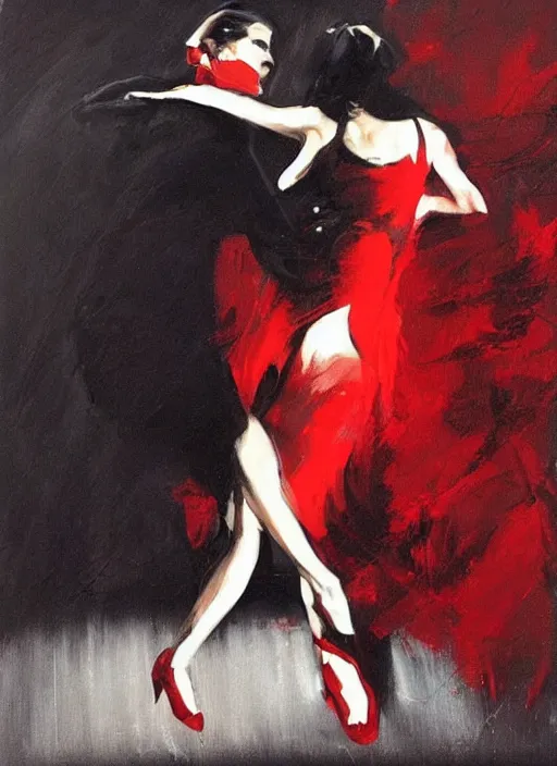 Image similar to tango dancerin in black and red dress, painting by phil hale, fransico goya,'action lines '!!!, graphic style, visible brushstrokes, motion blur, blurry, visible paint texture, crisp hd image