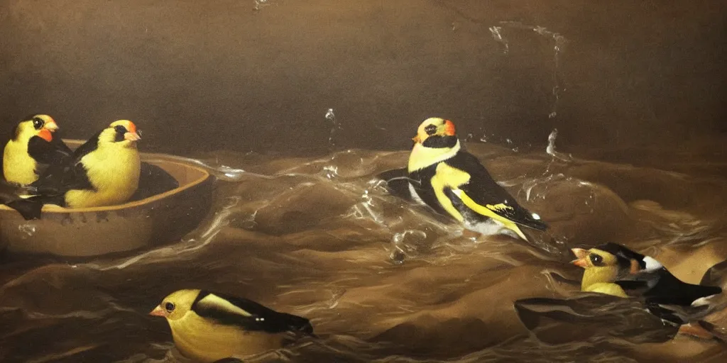Image similar to painting of a goldfinch drowning in a river of nightmares, in the background you can see hell. by theodore gericault, realistic oil painting, 4 k, studio lightning, award winning, very detailed shadows