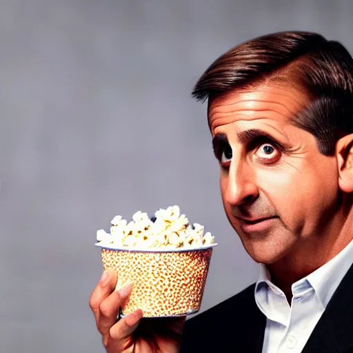 Image similar to steve carrell eating a bowl of popcorn, front facing, realistic, hyperrealistic, ultra realistic, real, real world, highly detailed, very detailed, extremely detailed, intricate details, 8 k resolution, hd quality