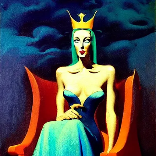 Prompt: an oil painting of a queen in a thierry mugler dress sitting on a throne, by bruce pennington, by eyvind earle, nicholas roerich, by frank frazetta, by georgia o keeffe, by dean cornwell, highly detailed, contest winner, eerie, ominous, tonalism, jewels, rich baghdad, oriental, desaturated, anime