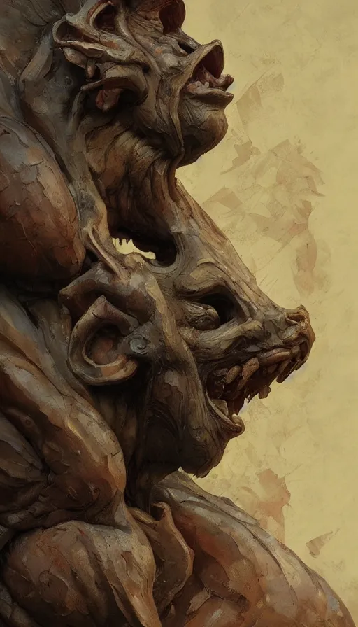 Image similar to wooden gargoyle profiles, paint texture, digital painting, highly detailed, artstation, sharp focus, sunlit, painted by ruan jia, raymond swanland, lawrence alma tadema, zdzislaw beksinski, norman rockwell, jack kirby, tom lovell, alex malveda, greg staples