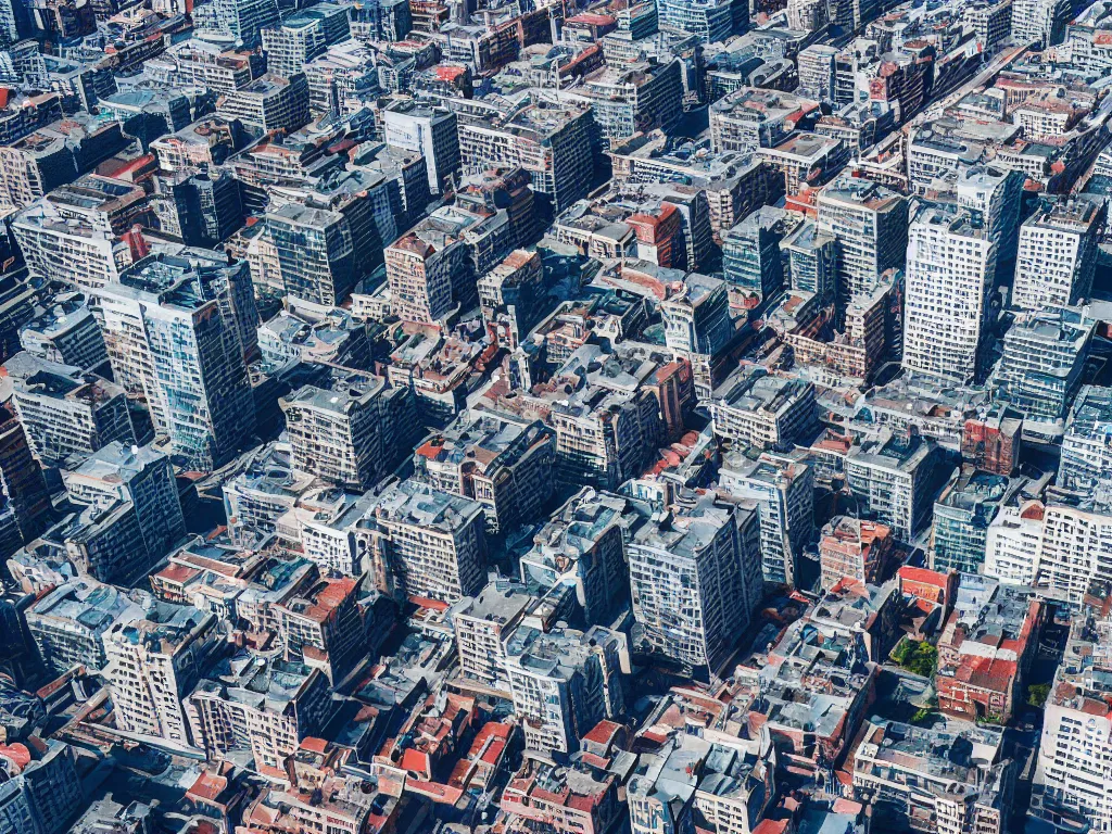 Image similar to drone view of a city, Brutalist architecture, horizon shot, sharp focus, telephoto lens, digital art 4k