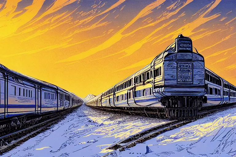 Image similar to trans - siberian express train ultrafine drawing by joe fenton and syd mead and p. craig russell and barry windsor - smith, artstation, 4 k, graphic novel, concept art, matte painting, beautiful russian winter landscape sunset background, golden hour, art nouveau, sharp