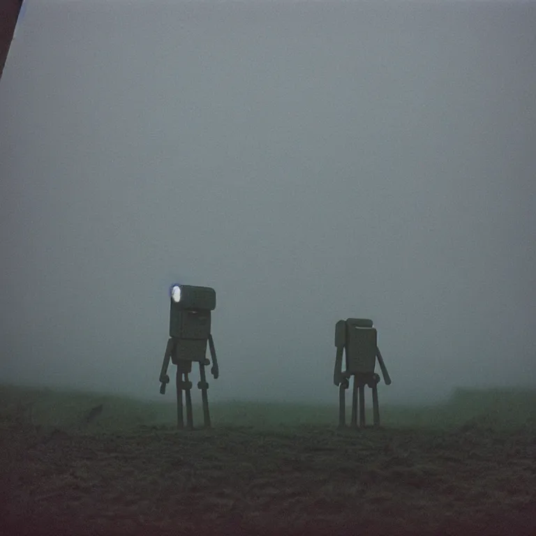 Image similar to a sole angular lanky liminal observer droid, in a brutalist yet rural landscape by simon stalenhag, 3 5 mm film photography, dawn, eerie fog