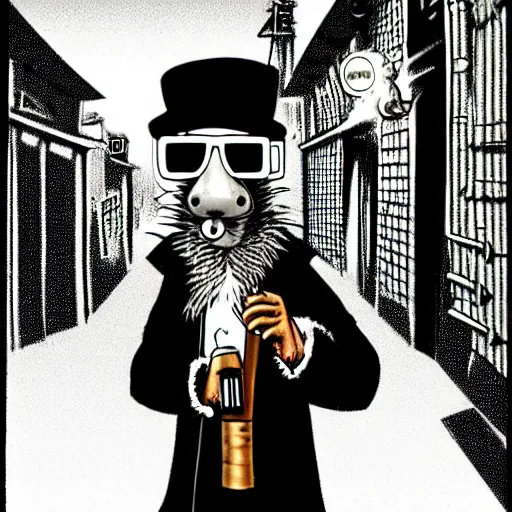 Prompt: an anthropomorphic gangster rat, by akihito yoshida, smoking a cigar, wearing sunglasses, wearing a luxury fur coat, at night time in an alleyway