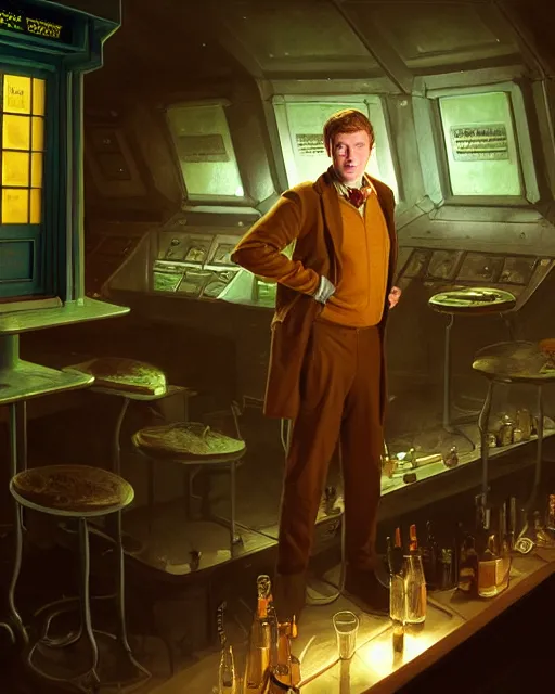 Prompt: medium - shot vislor turlough played by mark strickson at age 1 8, at the alien space pub bar counter, highly detailed, mood lighting, from doctor who series, artstation, highly detailed digital painting, smooth, global illumination, fantasy art by greg rutkowsky, karl spitzweg, leyendecker