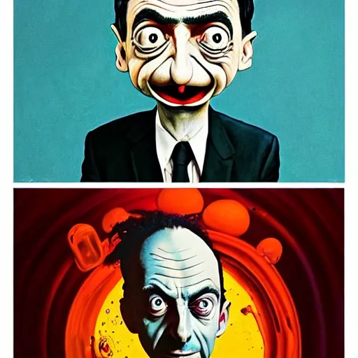 Prompt: mr. bean mad scientist psychopath, conjuring up mysterious colorful potions, portrait by gaston bussierre and charles vess and james jean and erik jones and rhads, inspired by rick and morty, epic, funny, huge scale, beautiful fine face features, intricate high details, sharp, ultradetailed