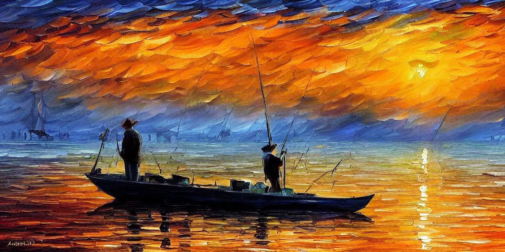 Prompt: rising sun ( ( ( fishing cormorant, fishing boat ) ) ) on the bay, by leonid afremov and moebius