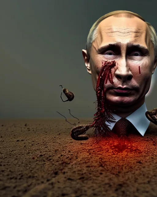 Image similar to hyper-realistic image of Putin shot dead in front of a bunker, scary, weird, surprising, worms on face, sharp focus, cinematic lighting, illustration, art, octane render