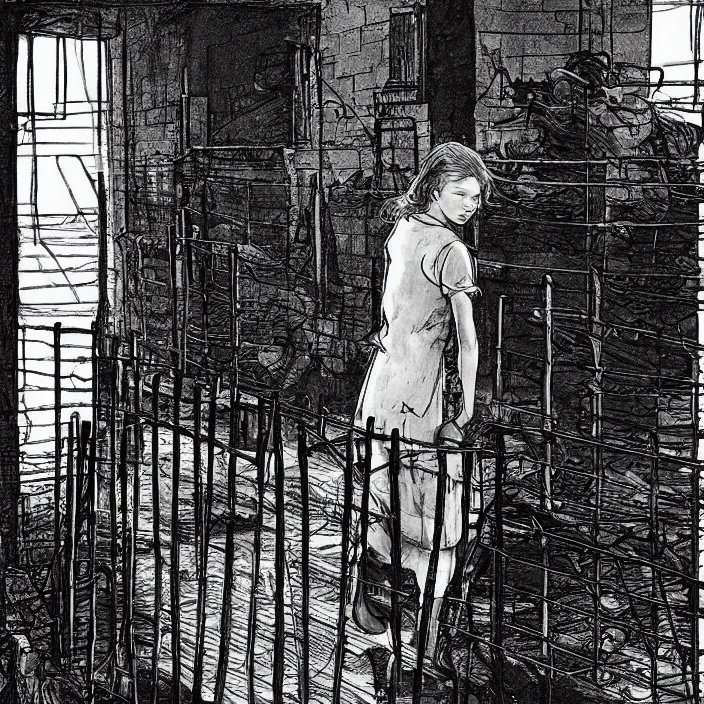 Image similar to sadie sink in dirty workmen clothes waves goodbye to workmen. near a gate. background : factory, dirty, polluted. technique : black and white pencil and ink. by gabriel hardman, joe alves, chris bonura. cinematic atmosphere, detailed and intricate, perfect anatomy