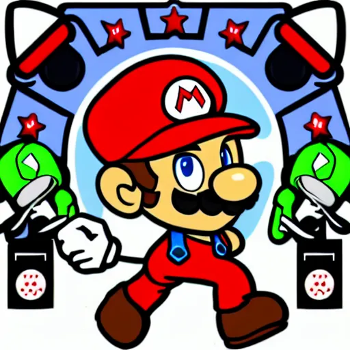 Image similar to svg sticker of a Pop-Wonder SuperMario, Mario-Wearing-a-red-hat, at a rave, spinning records, giant headphones rocking out, wearing headphones, huge speakers, dancing, rave, DJ, spinning records, digital art, amazing composition, rule-of-thirds, award-winning, trending on artstation, featured on deviantart