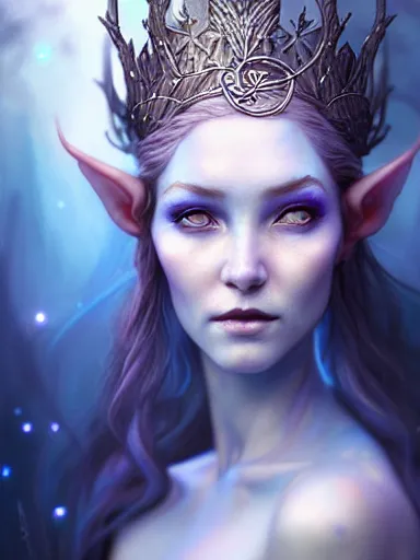 Image similar to the elven queen with blue skin by james jean, charlie bowater, tom bagshaw, nikolay makovsky, melanie delon : : enchanting, ethereal, magical, glowing, sparkle, prismatic, portrait, character design, illustration, hyperrealism, photorealism, digital art, concept art, fantasy, whimsy, weta, wlop, artstation