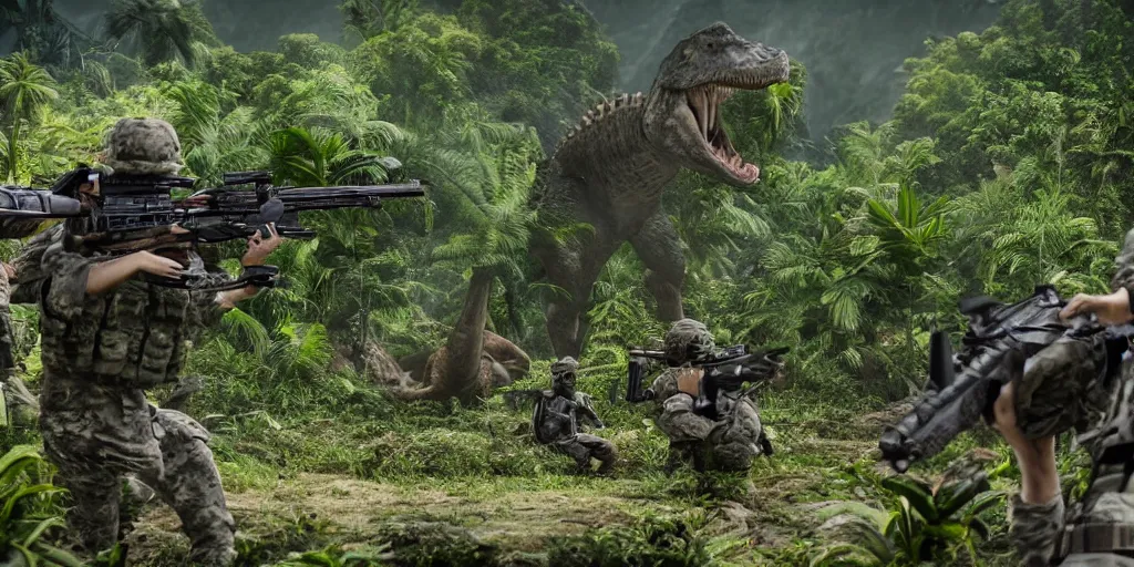 Prompt: soldiers aiming rifles at a dinosaur in the jungle, very highly detailed, 4k, cinematic, unreal engine 5