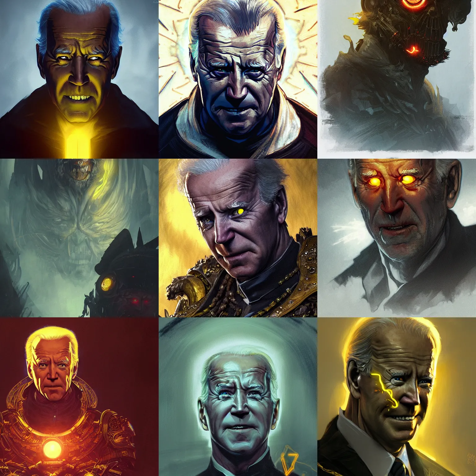 Prompt: Joe Biden looking evil with glowing yellow eyes, dark brandon, D&D, fantasy, intricate, cinematic lighting, highly detailed, digital painting, artstation, concept art, smooth, sharp focus, illustration, art by Akihiko Yoshida, Greg Rutkowski and Alphonse Mucha