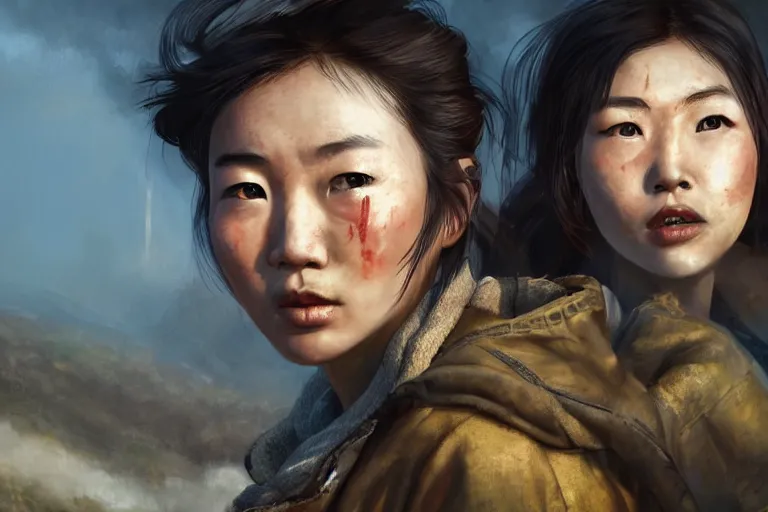 Image similar to fallout 5, charismatic beautiful rugged asian female protagonist, portrait, outdoors japanese rural countryside, atmospheric lighting, painted, intricate, volumetric lighting, daytime, winter, clear weather, mutated wildlife, golden hour, sharp focus, deep colours, ultra detailed, art by william turner