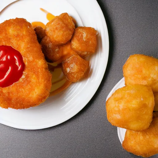 Image similar to food photo of channing tatum's face on top of giant tater tot on a plate with ketchup