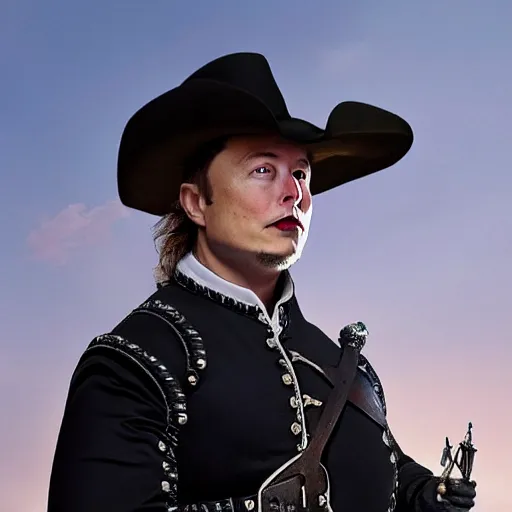 Image similar to elon musk as a musketeer, he has a big hat and holds a shiny sword