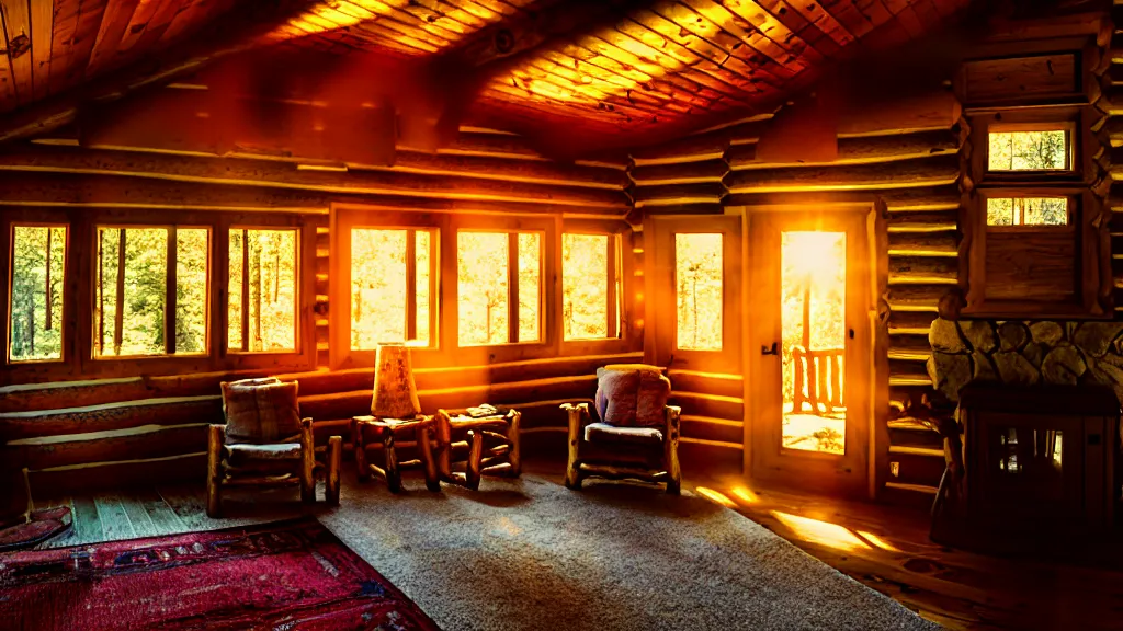 Image similar to inside an old log cabin, the summer midday light comes in through a window and dimly illuminates the room, softened diffuse light, photorealism, photo taken with canon EOS 5D and 35 mm lens