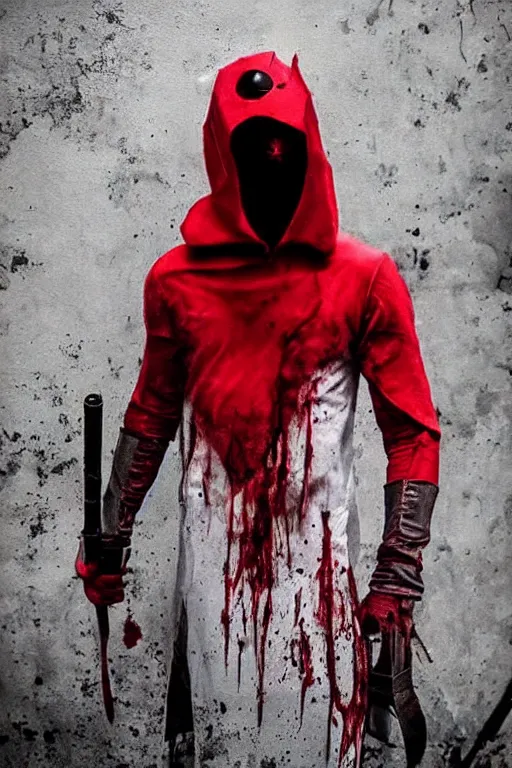 Image similar to red hood cosplay, creepy, disturbing, bloody, darkness, grainy