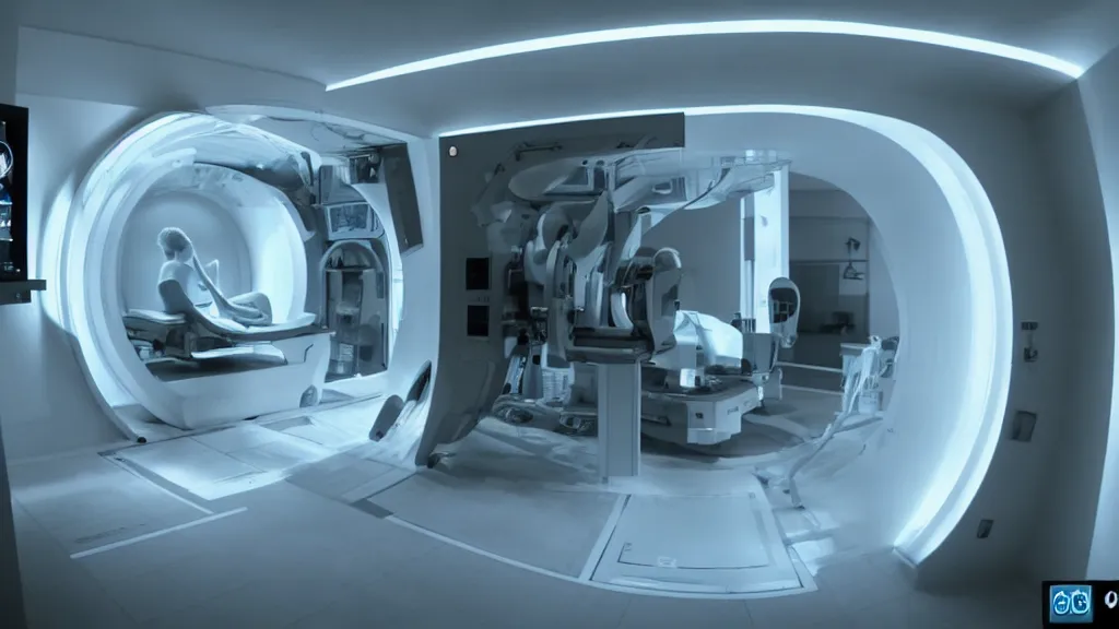 Image similar to an mri image open mri machine portal in the living room, film still from the movie directed by denis villeneuve with art direction by salvador dali, wide lens