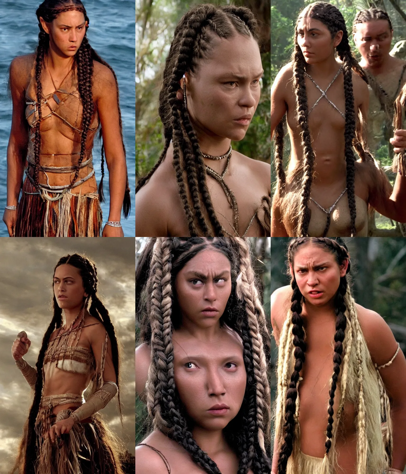 Prompt: too realistic film prop of the ethereal upper body of a half giant half Maori woman with braids, 2008 cinematography