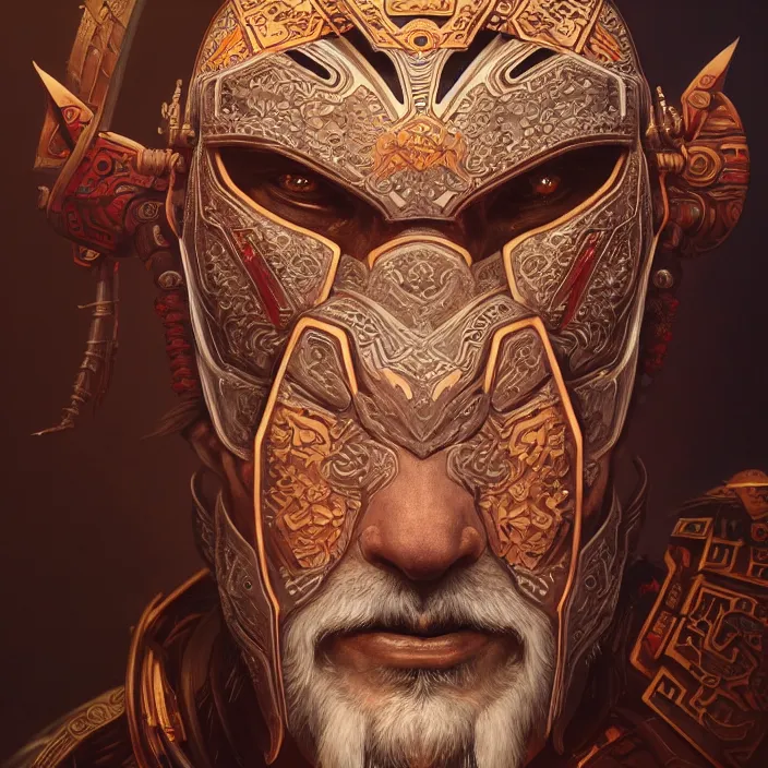 Prompt: symmetry! portrait of a hybrid old male warrior, face decorated with chinese opera motifs, leds horizon zero dawn machine, intricate, elegant, highly detailed, digital painting, artstation, concept art, smooth, sharp focus, illustration, art by artgerm and greg rutkowski and alphonse mucha, 8 k