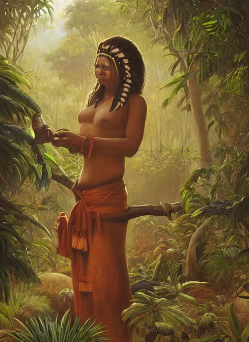 Prompt: a beautiful indigenous woman preparing plant medicines in the jungle, art by christophe vacher