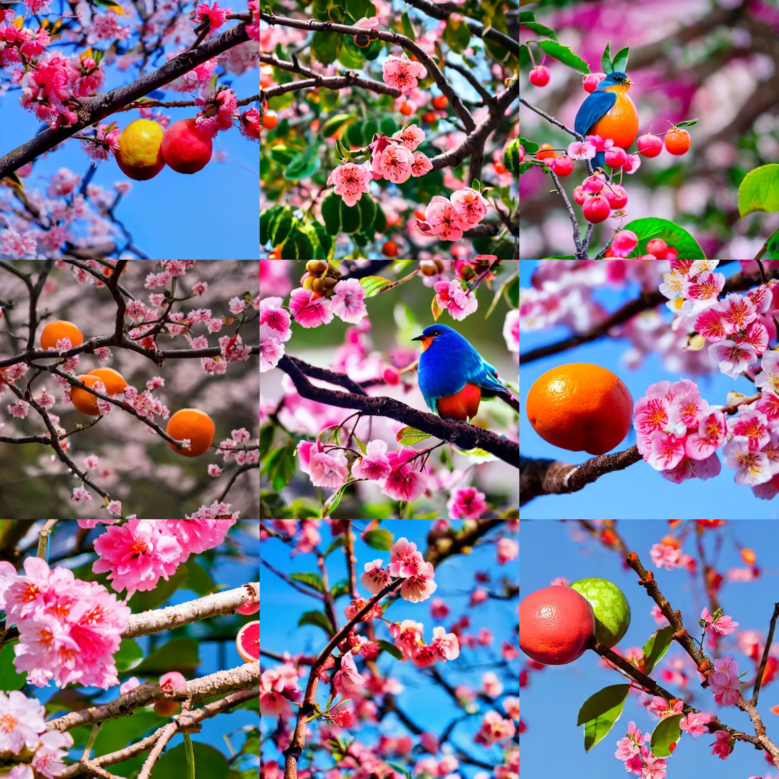 Prompt: Hybrid oranges and watermelons, fruit growing on a branch, cherry blossoms that are gold in color and diaphanous, high quality, a strange pink and blue bird is perched on the branch, nature photography, f2.8, 35mm lens, bokeh, depth of field.