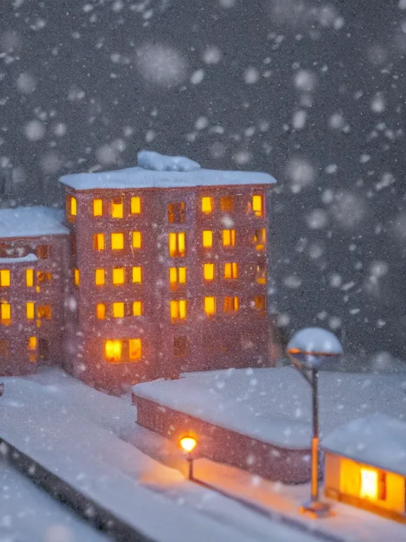 Prompt: mega detailed miniature diorama a soviet residential building, brutalism architecture, warm lights are on in the windows, man lies in the snow, dark night, fog, winter, blizzard, cozy and peaceful atmosphere, row of street lamps with warm orange light, several birches nearby