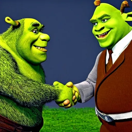 Prompt: movie frame screen shot, adolf hitler shaking hands with shrek, from shrek 2 ( 2 0 0 4 ), hd