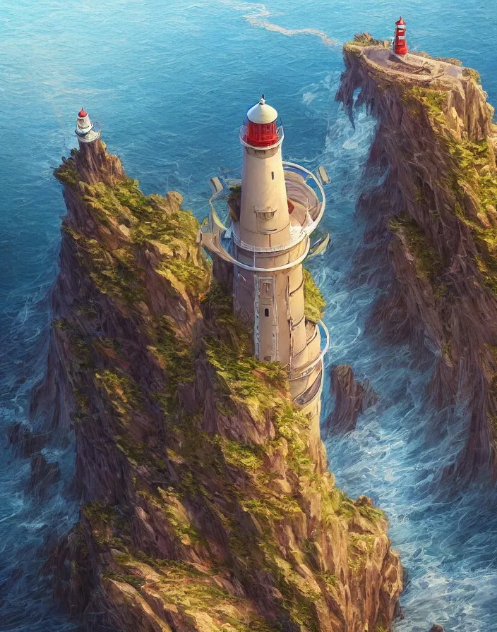 Prompt: fantasy painting of a lighthouse on the edge of a cliff overseeing a vast ocean, complex, detailed, intricate abstract. delicate artwork. by Tooth Wu, wlop, beeple, dan mumford. octane render, trending on artstation, greg rutkowski very coherent symmetrical artwork. cinematic, hyper realism, high detail, octane render, 8k, depth of field, bokeh. chrome accents.