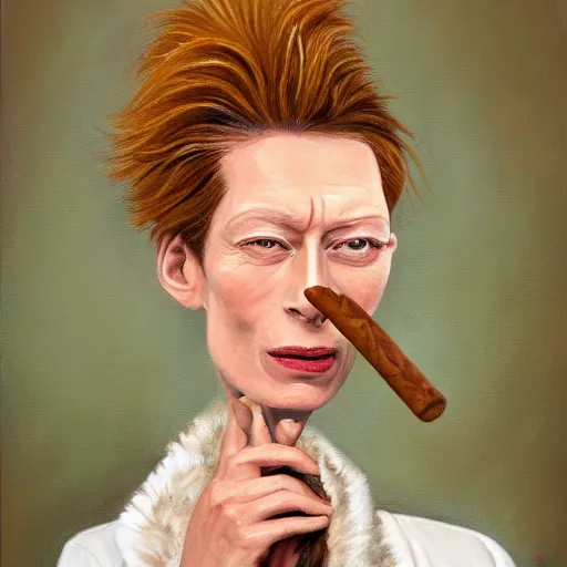 Image similar to an caricature of a young tilda swinton smoking a cigar, realistic oil painting by Mahesh Nambiar, trending on art station, 4K